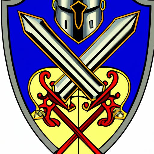 A coat of arms featuring a knight helmet and sword symbolizing bravery and honor
