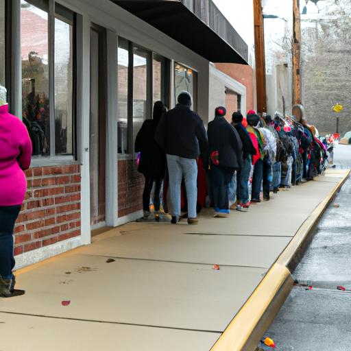A long line of people wait outside a post office during a government shutdown