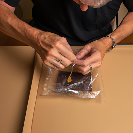 A man wrapping a bracelet in bubble wrap before placing it in a padded envelope.