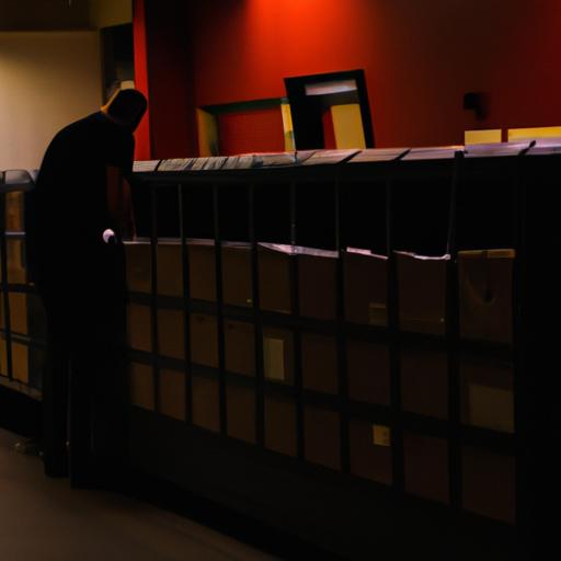 A postal worker sorts mail in a dimly lit post office during a government shutdown