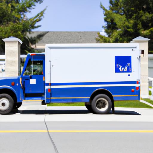 A USPS worker delivering mail in the new mail truck in a residential area.