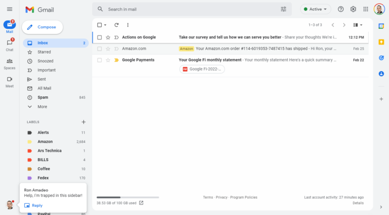 Hands-on: Gmails new sidebar feels like a big banner ad for Google Chat | Ars Technica