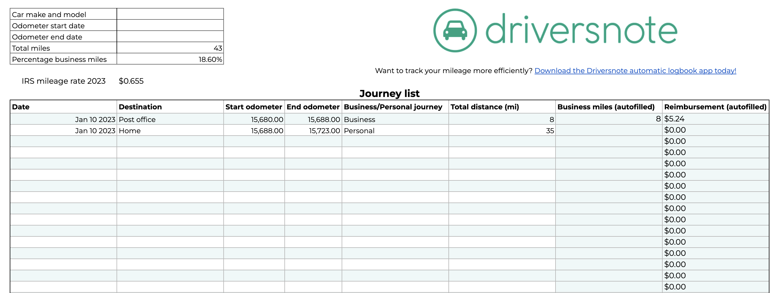 IRS Printable Mileage Log Template 2023 – Free Excel & PDF