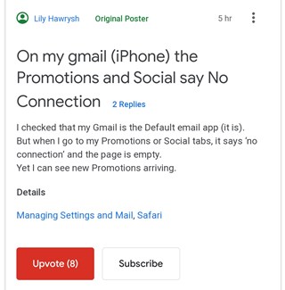 [Fix in works] Gmail Promotions or Social tab bug, shows &039no connection&039